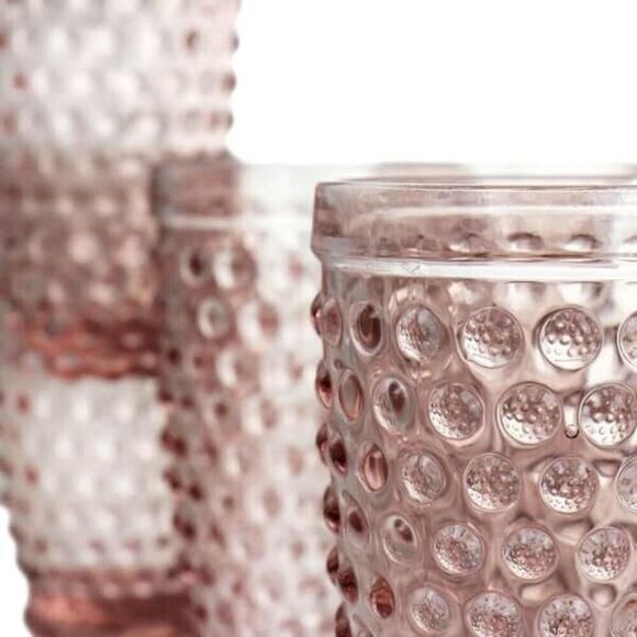 Martha Stewart HOBNAIL Chauncey 4” Pink Glass Cocktail juice SET of 4 & Pitcher - Picture 3 of 4